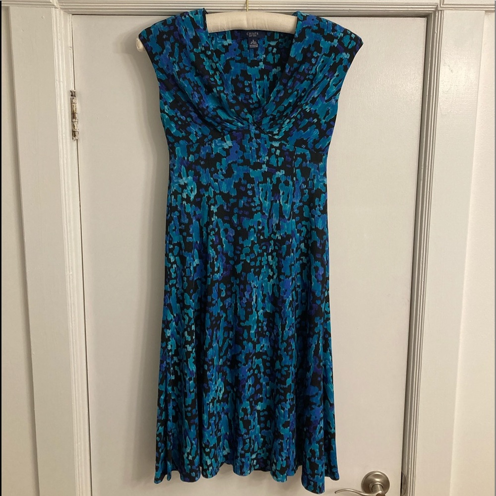 Chaps empire waist, knee-length dress, turquoise and navy pattern, S
